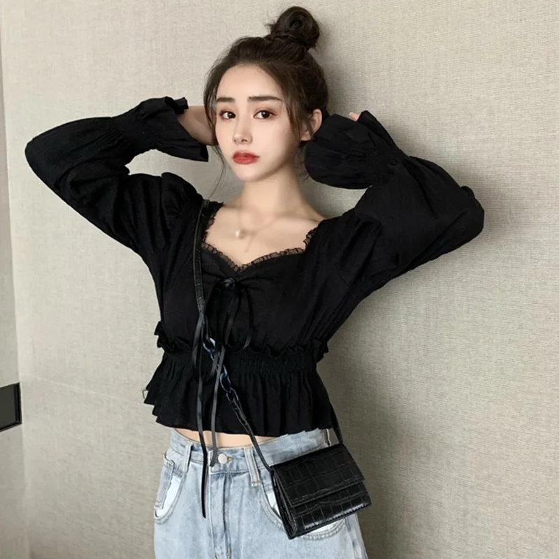 

Spring Autumn Sweet Blouse Women Solid Lace Square Collar Blouses Korean Fashion Long Sleeve Shirt Top