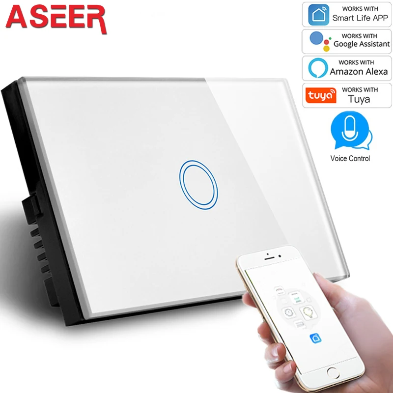 

ASEER,US 1 Gang Smart Light Switch Wireless Wall Interruptor Touch Control WiFi Switch Compatible Amazon Alexa Google Assistant