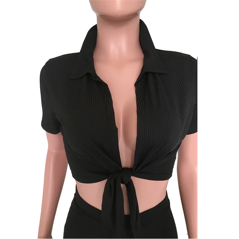 Adogirl Solid Ribbed 2 Piece Set Turn Down Collar V Neck Tie Short Sleeve Crop Top Ruched Pants Women Tracksuit home Outfits |