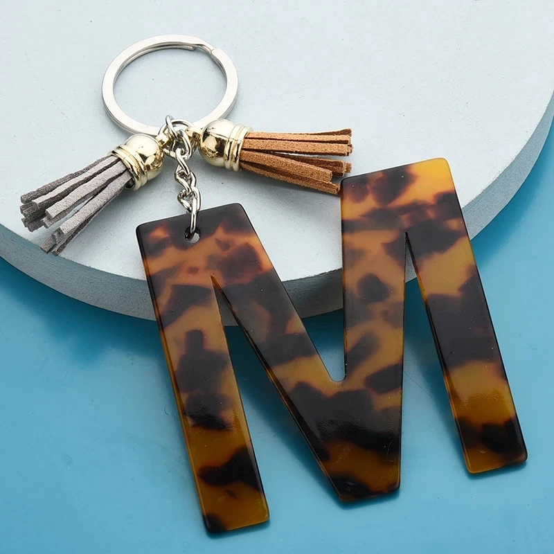 

Acrylic Letter Tassel Key Chain Accessories for Women and Girls Gold Initial Key Ring Acetate Leopard Print Pendant for Car Keys