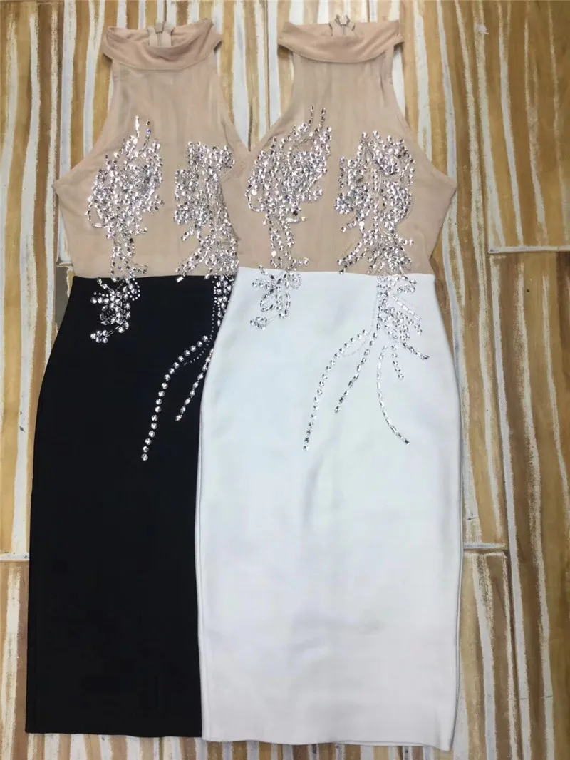 Белый Черный Vestido знаменитостей вечернее платье Танк Бисероплетение Bodycon Бандажное женское платье