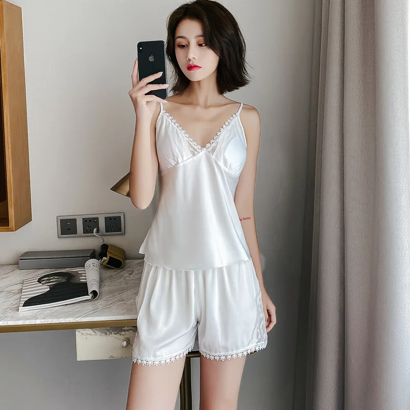 

Summer Lady 2PC Pajamas Set Sweet Lace Trim Sleepwear Sexy V-Neck Backless Hollow Out Nightwear Strap Top&Shorts Rayon Home Wear