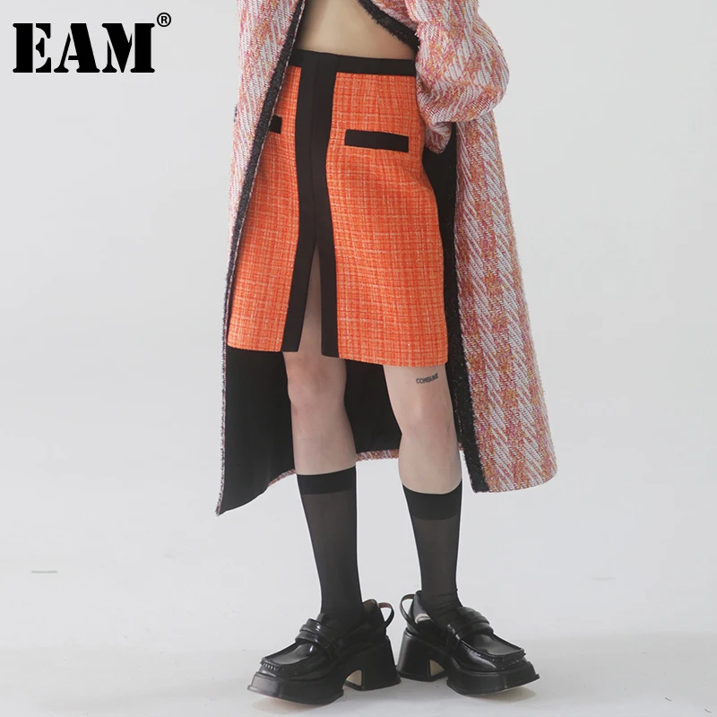 

[EAM] High Waist Orange Tweed Color-block Hem Slit Elegant Half-body Skirt Women Fashion Tide New Spring Autumn 2022 1DE5706