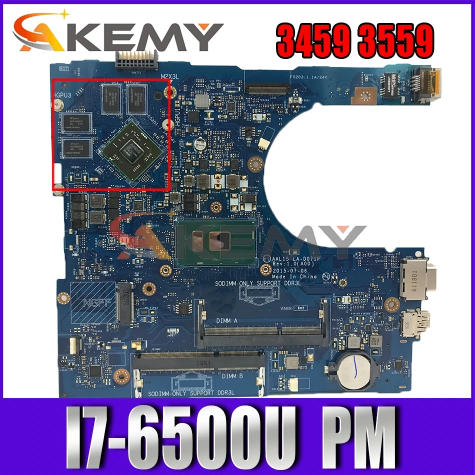 

Akemy Фирменная Новинка I7-6500U для Dell vostro 3459 3559 Материнская плата ноутбука AAL15 LA-D071P VGAport CN-0HYCVR HYCVR Mainboard100 % тестирование
