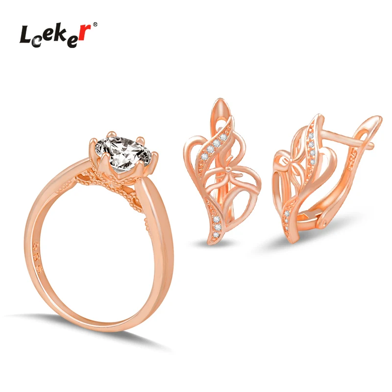 

LEEKER Fashion 585 Rose Gold Color Jewelry Sets Vintage Hollow flower Cubic Zirconia Earrings Lace Bride Wedding Rings ZD1 LK6