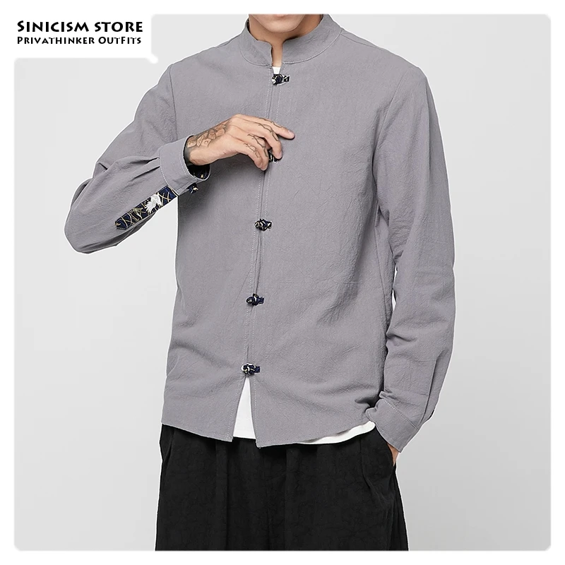 Sinicism Store мужские хлопковые льняные повседневные рубашки с пряжкой однотонные