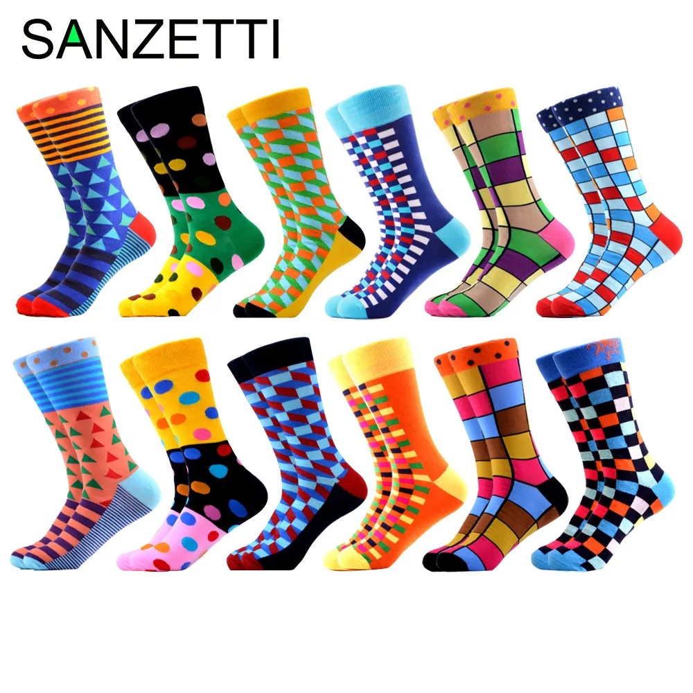 SANZETTI Men's Colorful Combed Cotton Happy Novelty Socks Hip Hop High Quality Skateboard Plaid Geometric Funny Socks For Gifts