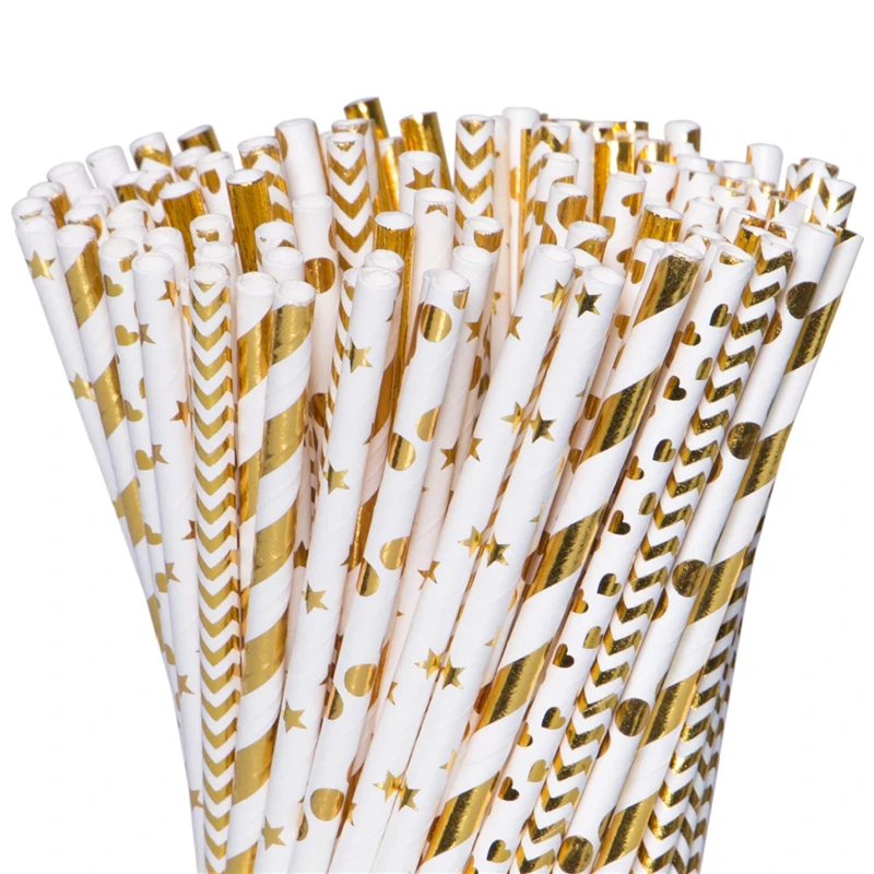 

100pcs/lot Paper Straws Gold Foil Solid Striped Chevron Star Paper Drinking Straws Party Favor Wedding Table Decoration Supplies