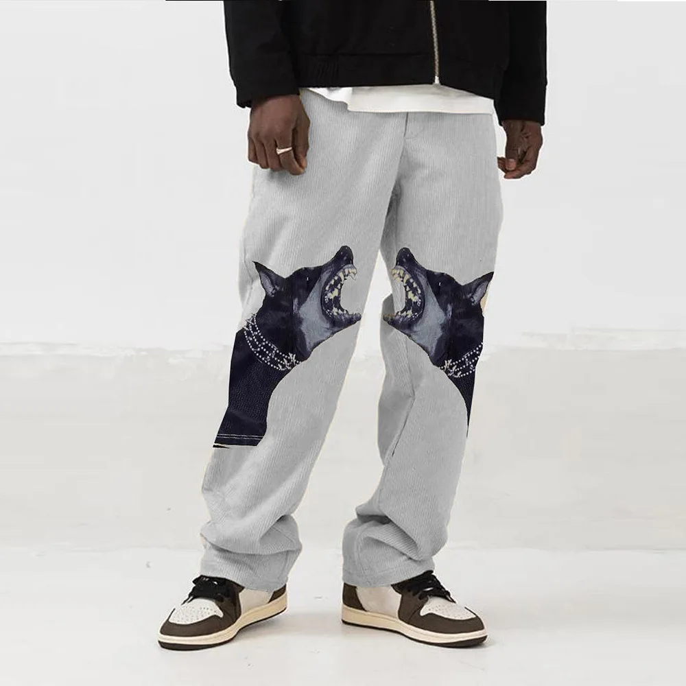 

Spring Fall Clothes Wolves Printing Streetwear Straight Pants Men Clothing Pantalones Korean Sweatpants Knitting Loose Harajuku