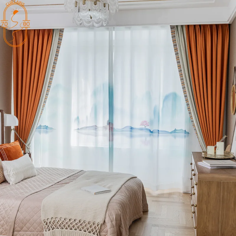 High-end  Orange Stitching Curtains for Bedroom Living Room Curtains Floor Curtains Cotton and Linen Blackout Curtains