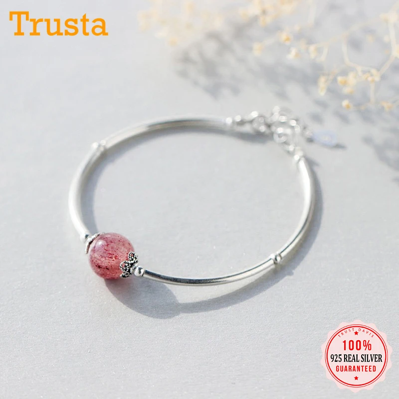 Женский браслет из серебра 100% пробы с кристаллом в виде натуральной розовой