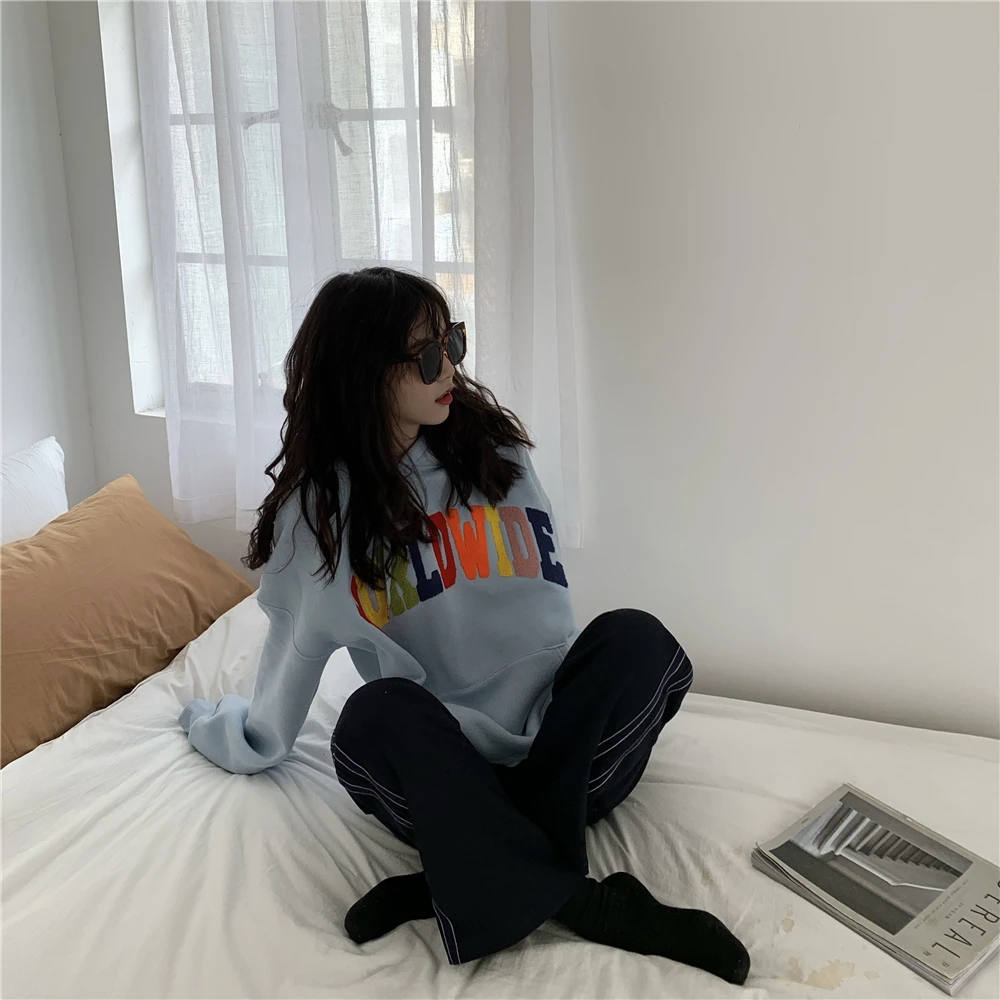 

2020 Autumn And Winter Colored Letters Three-Dimensional Embroidery Hooded Loose-Fit Hoodie Lazy-Style Top Women's