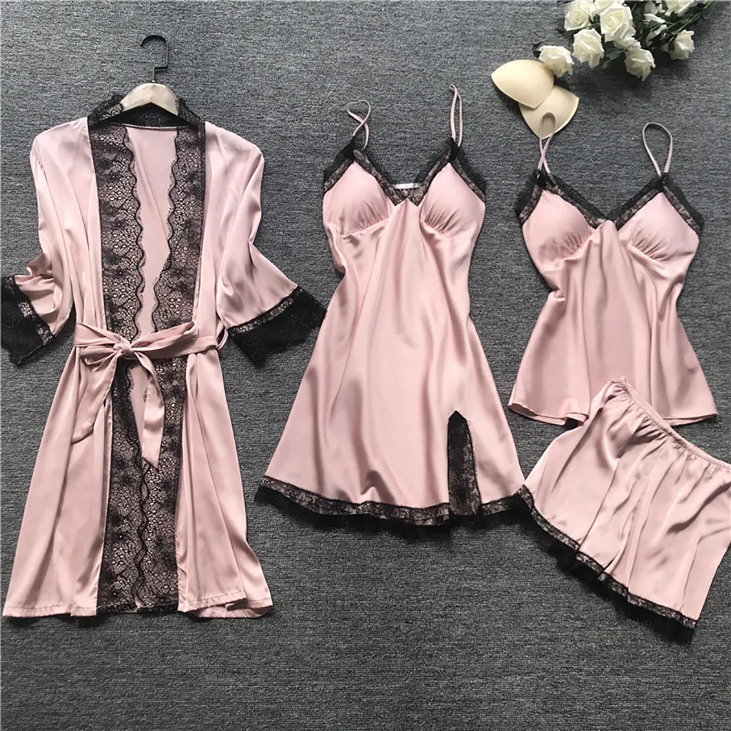 

Ladies Pure Color Silk Pajamas Lace Homewear Ladies Simulated Silk Nightgown Night Skirt Pajama Set Four-piece Set 40*