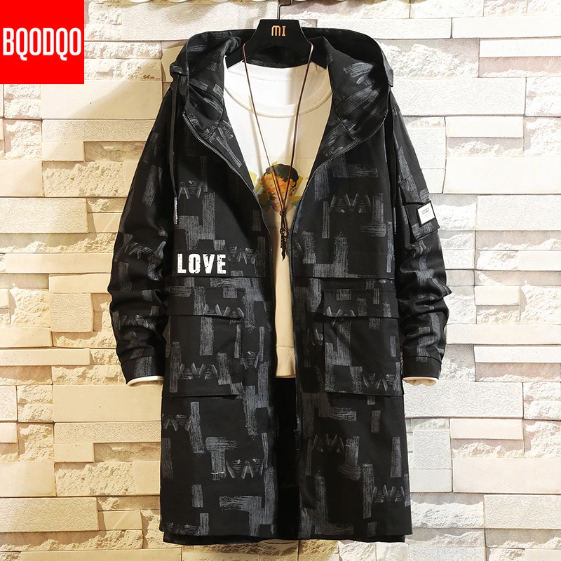 Осенний оверсайз длинный Тренч мужской черный хип-хоп военный свободный пиджак