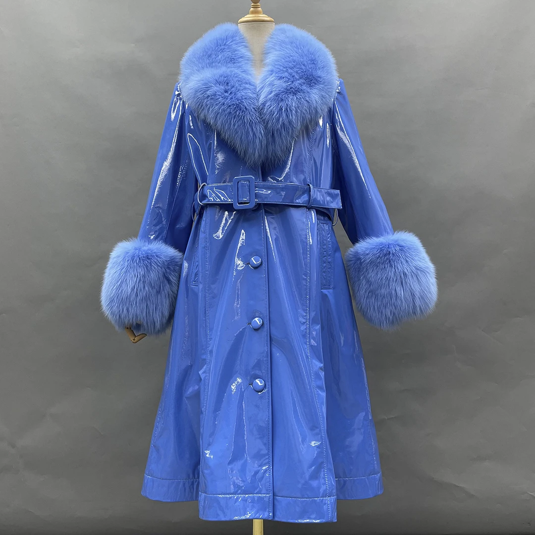 MISSJANEFUR 2021 Winter Leather Jacket Women Fashion Luxury Real Fox Fur Collar Patent leather Belted Long Trench Sheepskin Coat