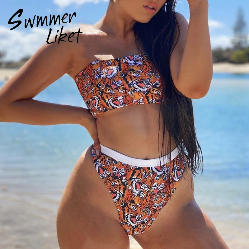 Бикини с открытыми плечами 2020 женский купальник высокой талией комплект бикини