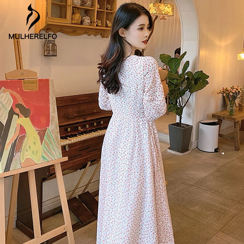 

French Lace Hollow Stitching Women Dresses V-Neck Floral Printing Temperament Slim Dress Elegant Chiffon Women's Long Dresses