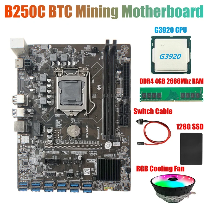 

Материнская плата B250C для майнинга BTC + ЦП G3920 или G3930 + вентилятор RGB + DDR4 4 Гб 2666 МГц ОЗУ + SSD 128 ГБ + кабель переключения 12XPCIE на графическую карту ...