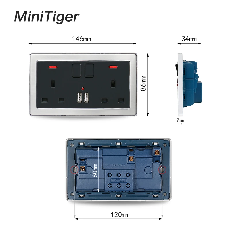 Настенная розетка Minitiger двойная фоторозетка с неоновым покрытием а черная из