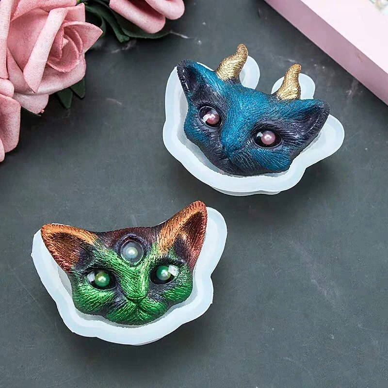 

1Pcs Silicone Crystal Epoxy Mould DIY Jewelry Three-eyed With Angle Cat Head Half-Stereo Bright Mirror Silicone Mold
