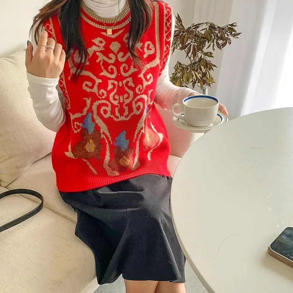 

Fashion Sleeveless Sweaters Women Vintage Printed Knitted Pullover Size Waistcoat Large Vests Top Coats Loose Vests C3W3