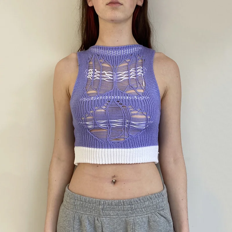 

Punk Gothic Knitted Hollow Out Tank Top Streetwear Women Harajuku Summer Patchwork Sleeveless Basic Crop Tops Sexy Mini Vest