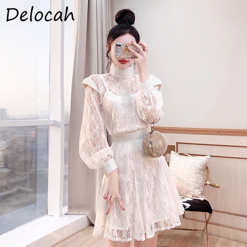 

Delocah New 2021 Summer Women Fashion Runway 3 Pieces Set Lantern Sleeve Loose Tops + Sexy Cami + Crystal White Short Skirts