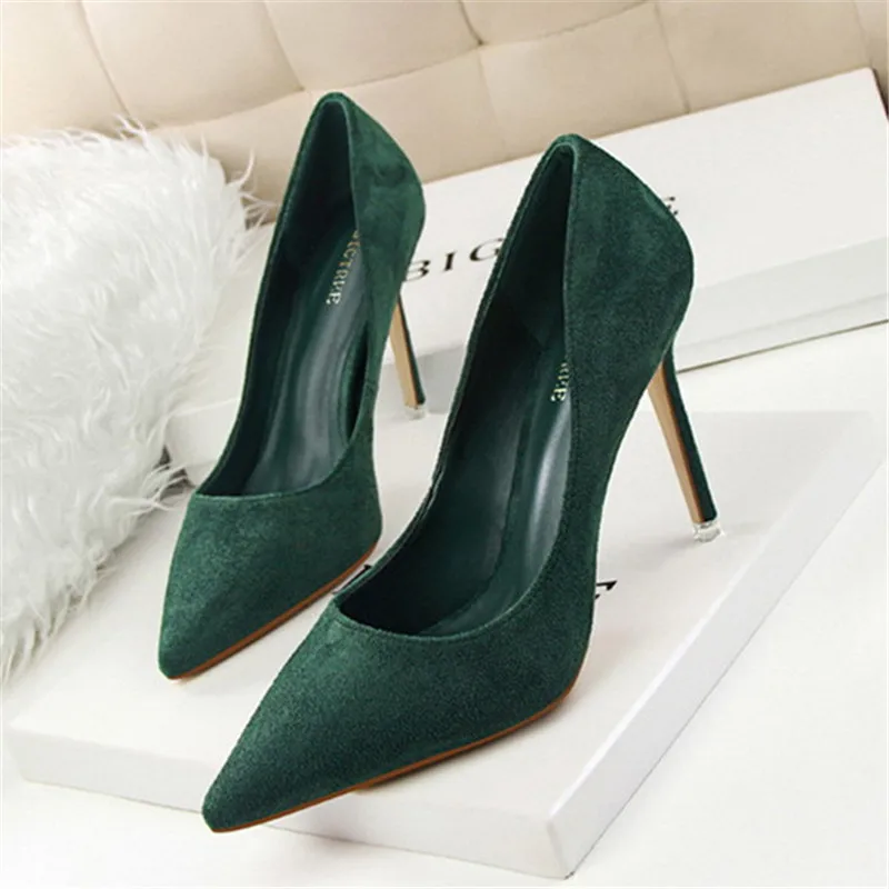 

New Women Pumps Shoes Fashion Flock Pointed Toe Slip-On Shallow Thin 9cm High Heels Ladies Party Sexy Club Female Pumps Shoes