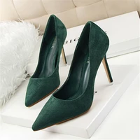 new women pumps shoes fashion flock pointed toe slip on shallow thin 9cm high heels ladies party sexy club female pumps shoes