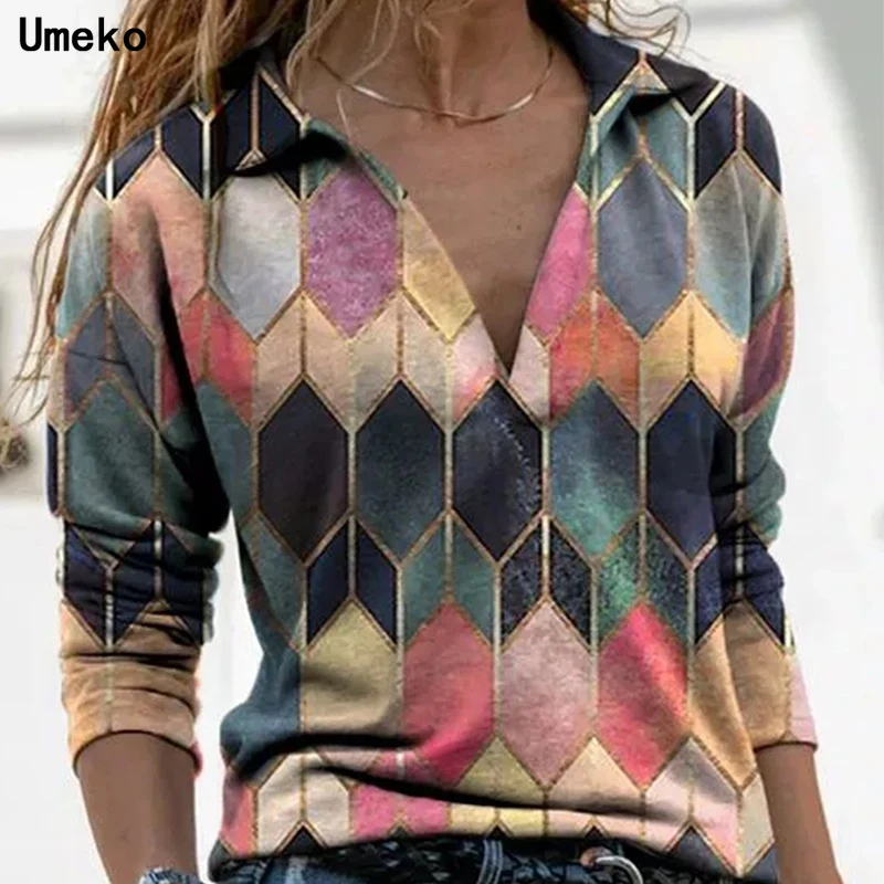 Umeko Vintage Rhombus Print Shirt Blouse Autumn Elegant V Turn-Down Collar Office Lady Shirts Tops Casual Women Loose Blusas