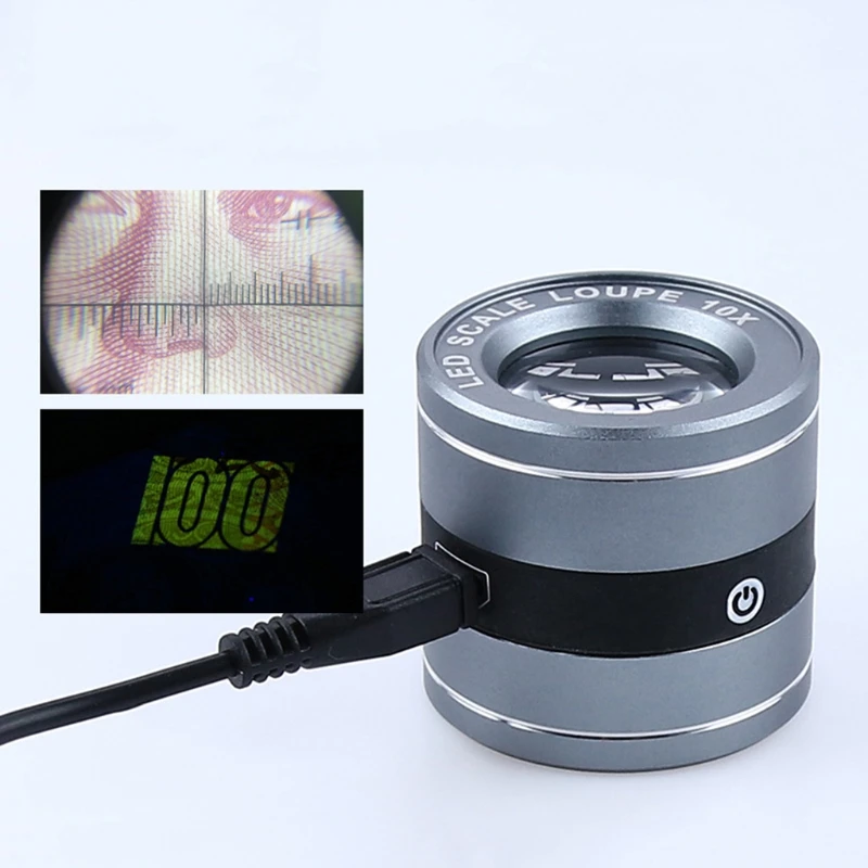 

35ED 10X Full Metal Magnifying Glass USB Charging Lens Loupe Magnifier With Scale Mini Magnifier Handheld Coin Stamps Jewelry