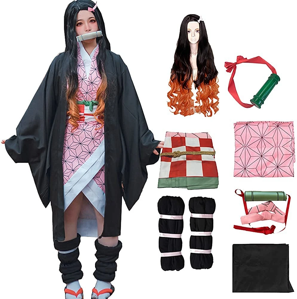 Demon Slayer Kimetsu No Yaiba Cosplay Costume Anime Kimono Kamado Nezuko Adult Kids Halloween Carnival Costumes Wig Suit Sets