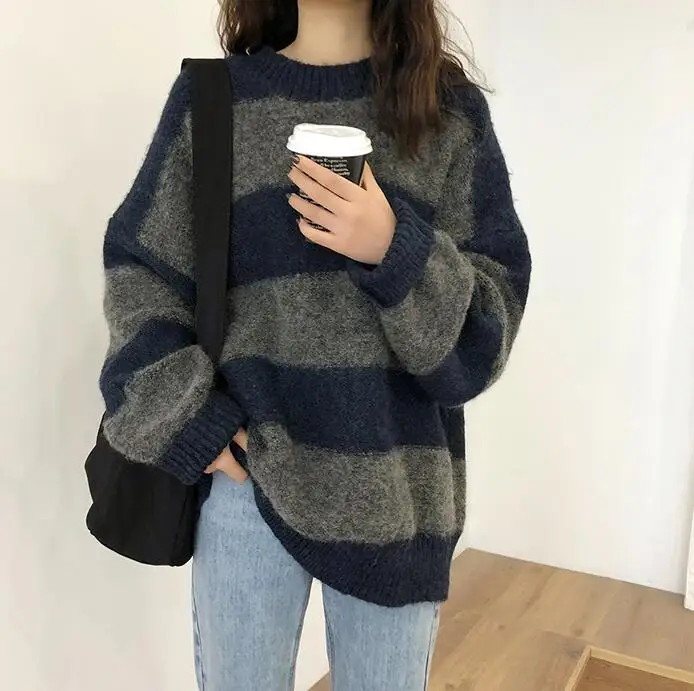 

2021 Women Oversized Thin Sweater Vintage Striped Loose Pullover Streetwear Autumn Knitted Jumper Fall Sweaters for Women