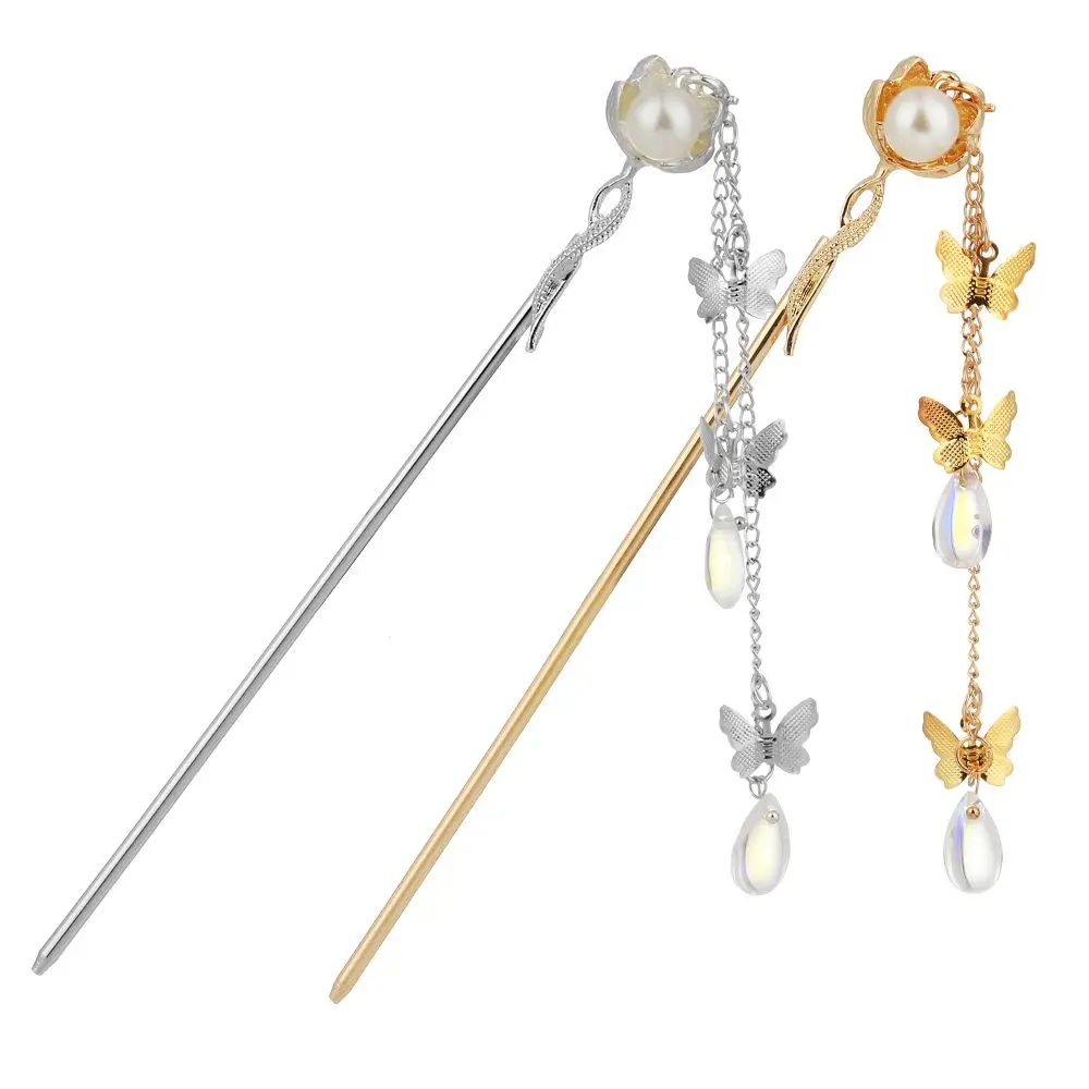 

Jewelry Ornaments White Butterfly Long Tassels Pearl Hair Chopsticks Hair Sticks Chinese Style Hairpins Retro