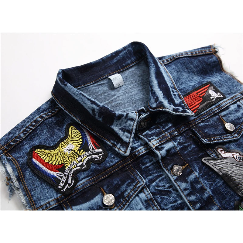 

ABOORUN Mens Punk Skull Eagle Embroidery Denim Vest Streetwear Fashion Sleeveless Jeans Jacket New Blue Hip Hop Vest Male R2796