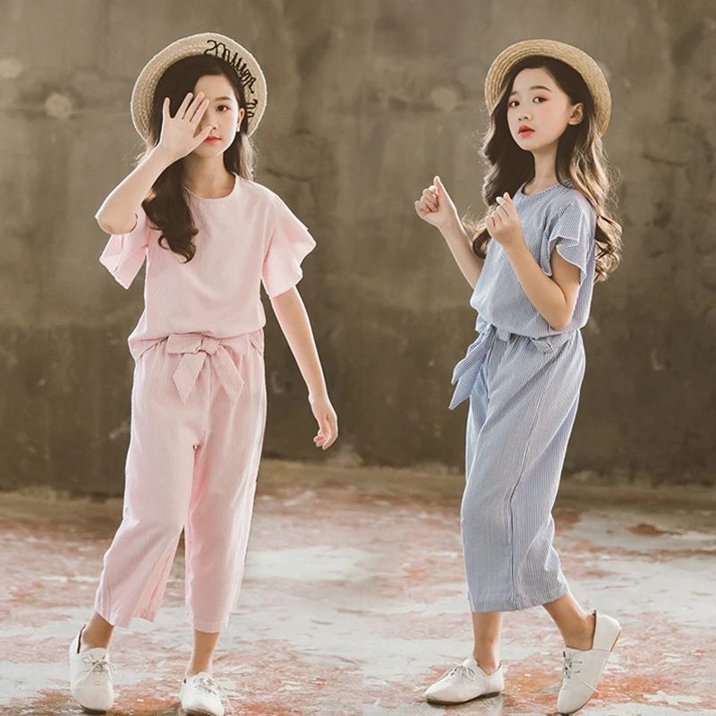

Blue Pink Spring Autumn Clothes Set Baby Girls T-shirt + Pants 2pcs/Set Kids Costume Teenage Girl Clothing High Quality