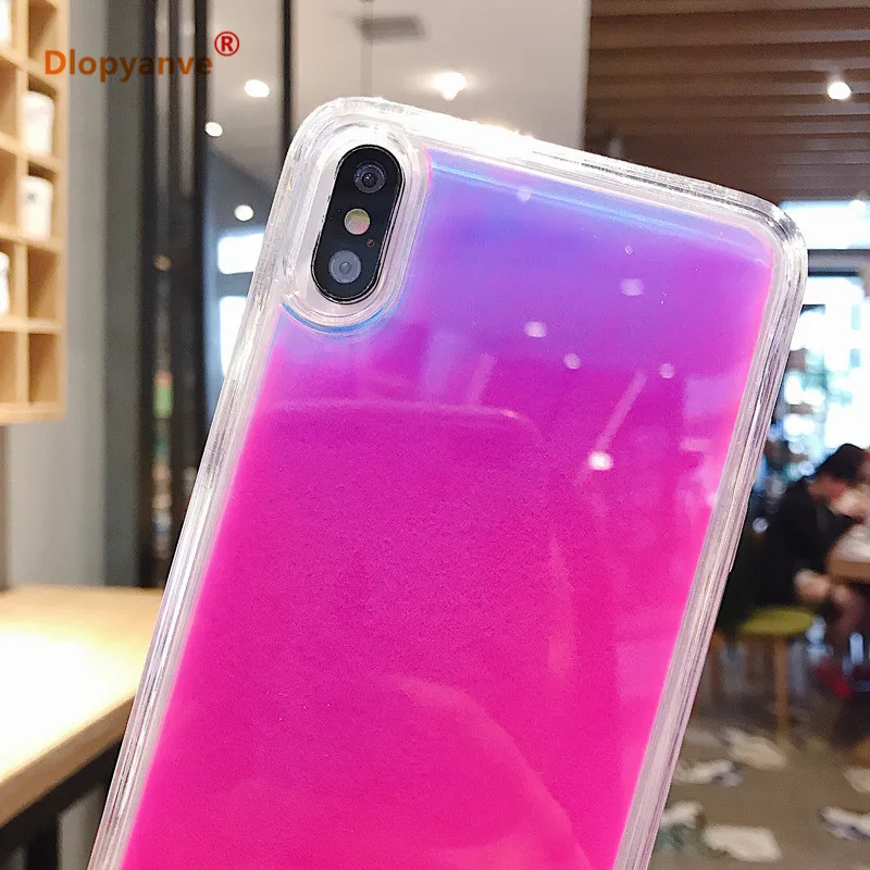 Светящийся неоновый песочный однотонный чехол для Iphone 11 11Pro X XS XR Max 6 6S 7 8 Plus светящийся в темноте жидкий Блестящий песок чехол