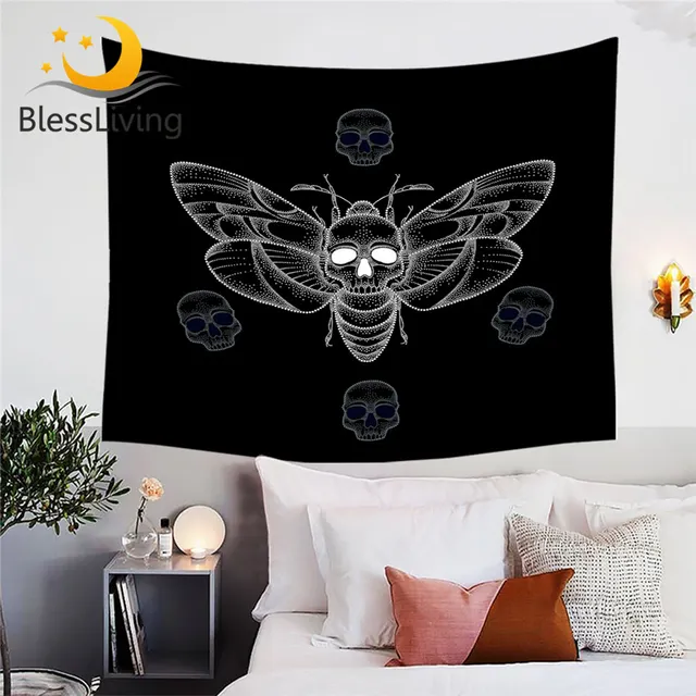 BlessLiving Moth Tapestry Black White Wall Hanging 3D Print Skull Wall Carpet Gothic Decorative Bedspreads Tapisserie 150×200 1