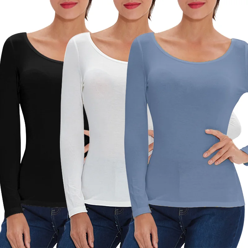 3 pcs 2 шт./3 шт. в упаковке, вискоза, спандекс, джемпер, женская блузка с длинным рукавом, эластичная Удобная майка A0305 - Цвет: 3 pcs