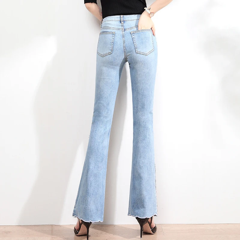 Женские расклешенные брюки FERZIGE с блестками и вышивкой узкие эластичные джинсы