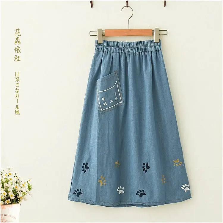 

Japan Style Mori Girl Cute Cat Footprints Embroidery Denim Skirt New Spring Loose Midi Skirt Women
