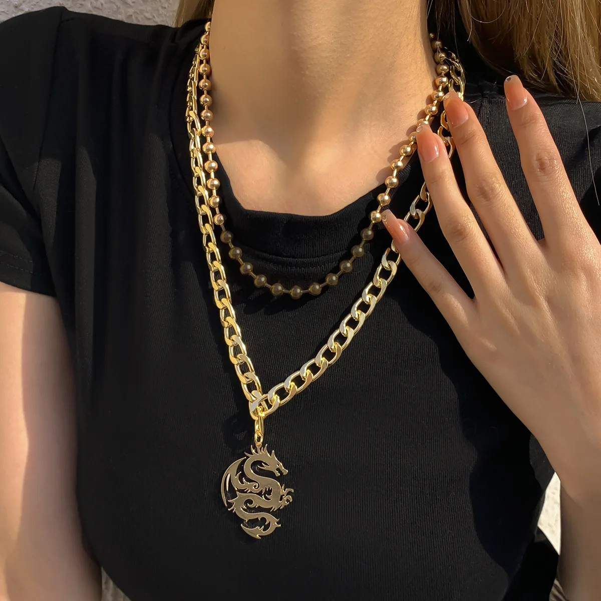 

Fashion Punk Style Gold Link Beads Chain Gothic Dragon Pendant Necklace for Women Man Hip Hop Street Punk Necklace Jewelry