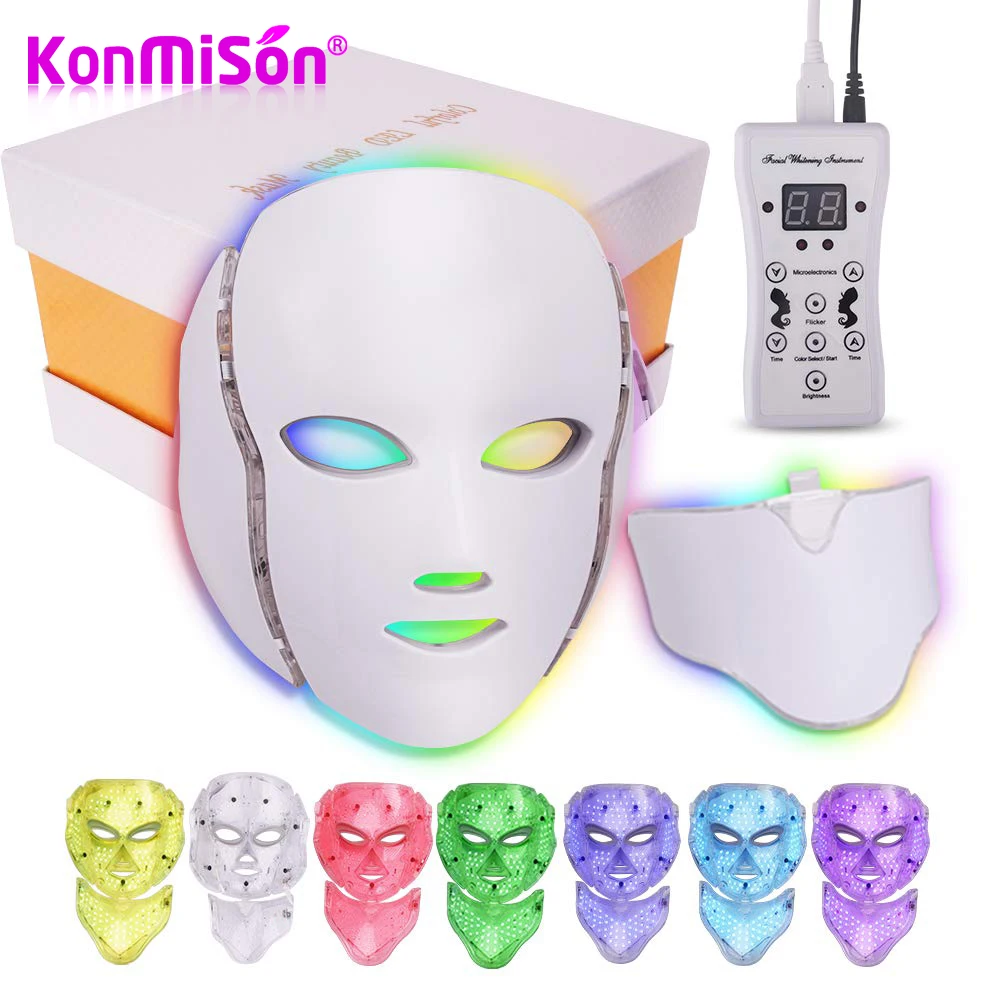 

7 Color LED Mask With Neck EMS Microelectronics LED Photon Mask Wrinkle Acne Removal Skin Rejuvenation Face Beauty Spa Mask LED
