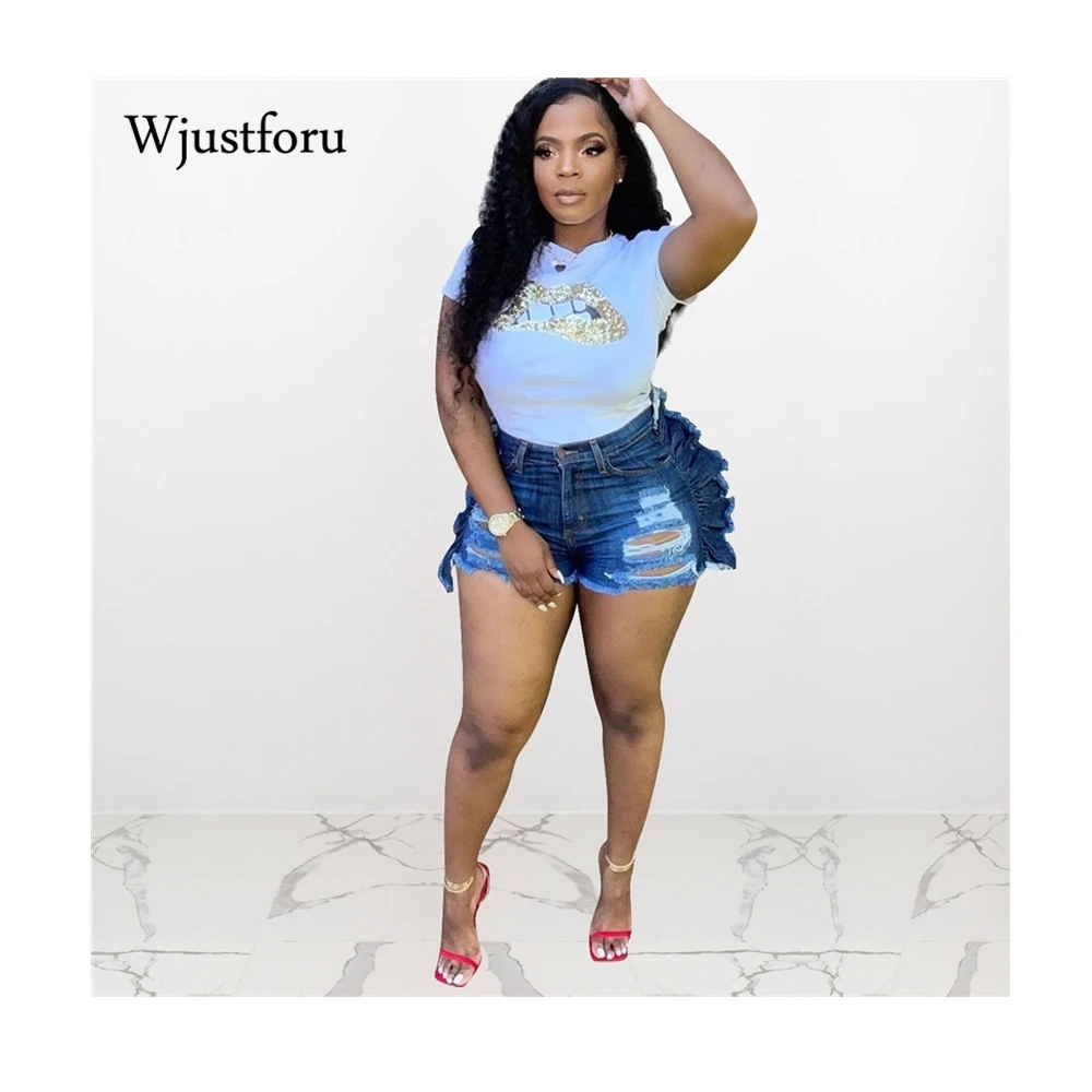 

Женские плиссированные джинсы Wjustforu с оборками, пикантные джинсовые шорты с высокой талией и дырками, облегающая одежда для ночного клуба, л...