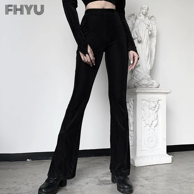 

FHYU Dark Style Sexy Retro Slim Black Flare Pants Women Fashion Trend Street High Waist Wide Legs Trousers Female S~L 92481P