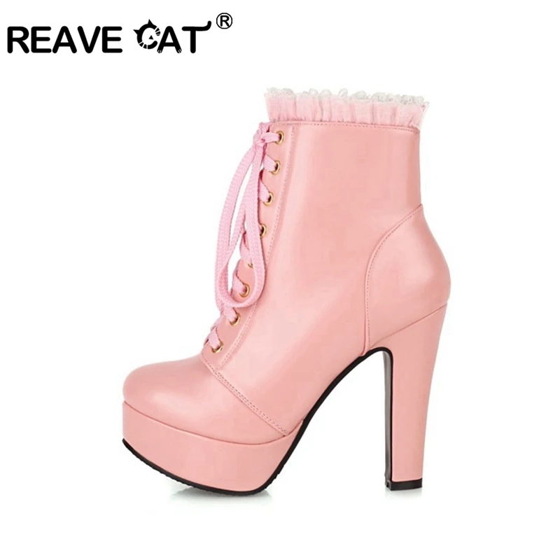 

REAVECAT Sweet Mid-calf boots Round toe 12cm Thin heels PU Zipper Lace Platform Big size 34-48 Pink White Black Red Date A3182