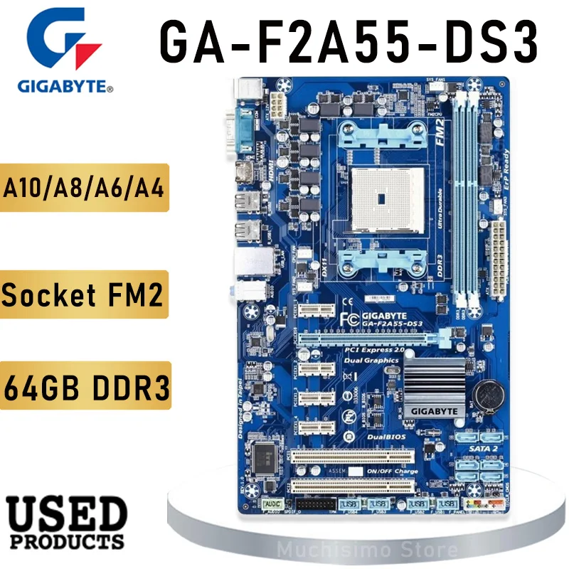 

Socket FM2 Gigabyte GA-F2A55-DS3 Motherboard AMD A55 64GB DDR3 PCI-E 2.0 USB2.0 AMD A10/A8/A6/A4/Athlon CPU