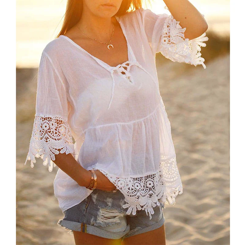 Женские топы и блузки летняя Корейская одежда белая кружевная шифоновая блузка