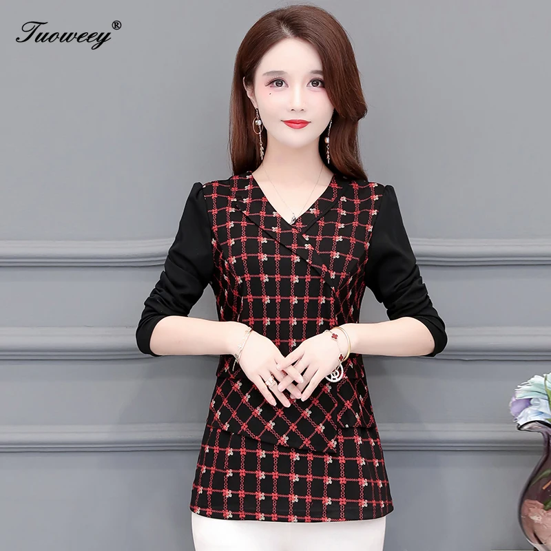 

2020 Autumn Women's Shirts v-neck plaid Button Split office elegant Slim Women Blouse Fashion plus size 4XL Tide New
