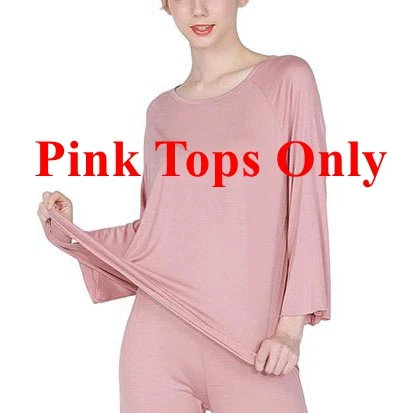 Pink Tops Only Mferlier/Осенняя женская пижама из бамбукового волокна, удобная ночная рубашка с круглым вырезом и длинными рукавами+ штаны, однотонный эластичный женский пижамный комплект - Цвет: Pink Tops Only